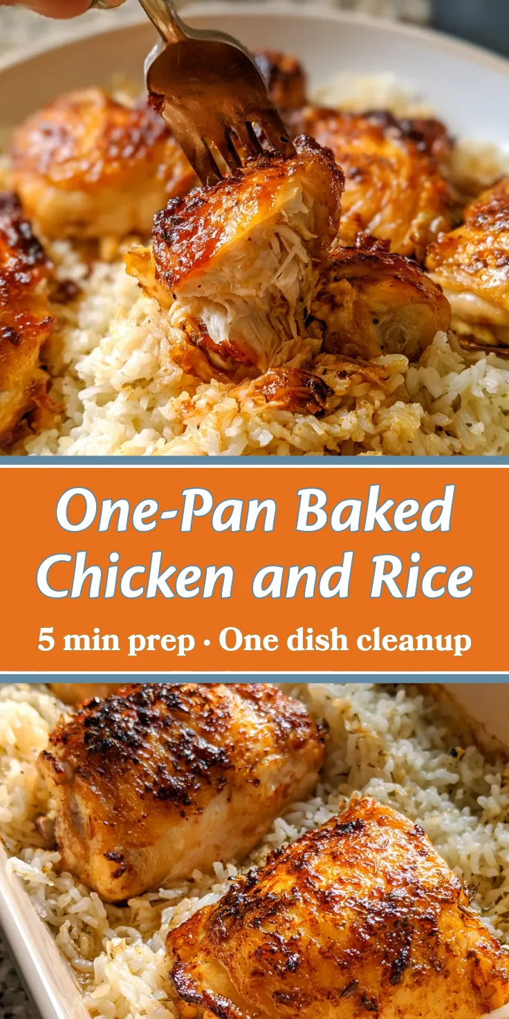 One-Pan-Baked-Chicken-and-Rice-pin Juicy baked chicken thighs served on fluffy rice, golden brown with crispy skin, all in one pan.